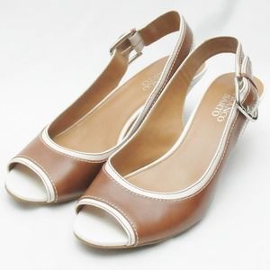Franco Sarto Brown & White Slingback Peep Toe Sandals 6.5